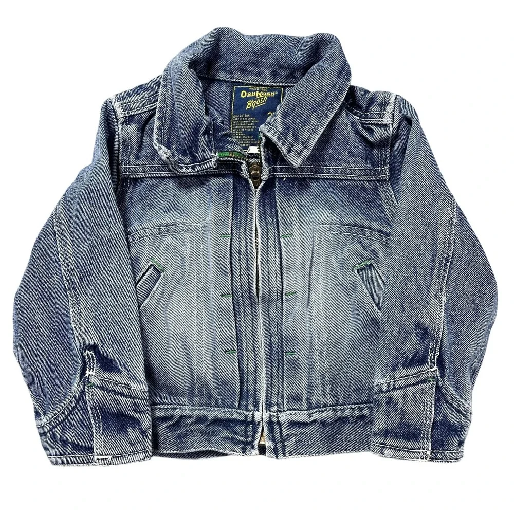 OshKosh B'gosh Jacket Boys 2T Blue Denim Collared Full Zip Pockets Casual